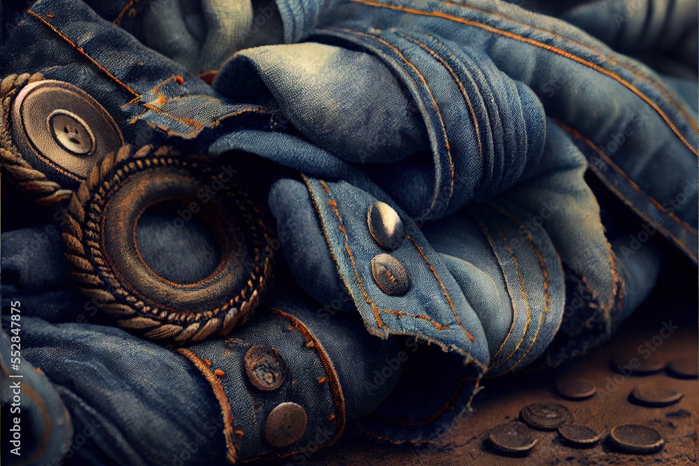 Poster a pile of blue jeans with a button on the bottom of them and a coin in the bottom of the pants. gene