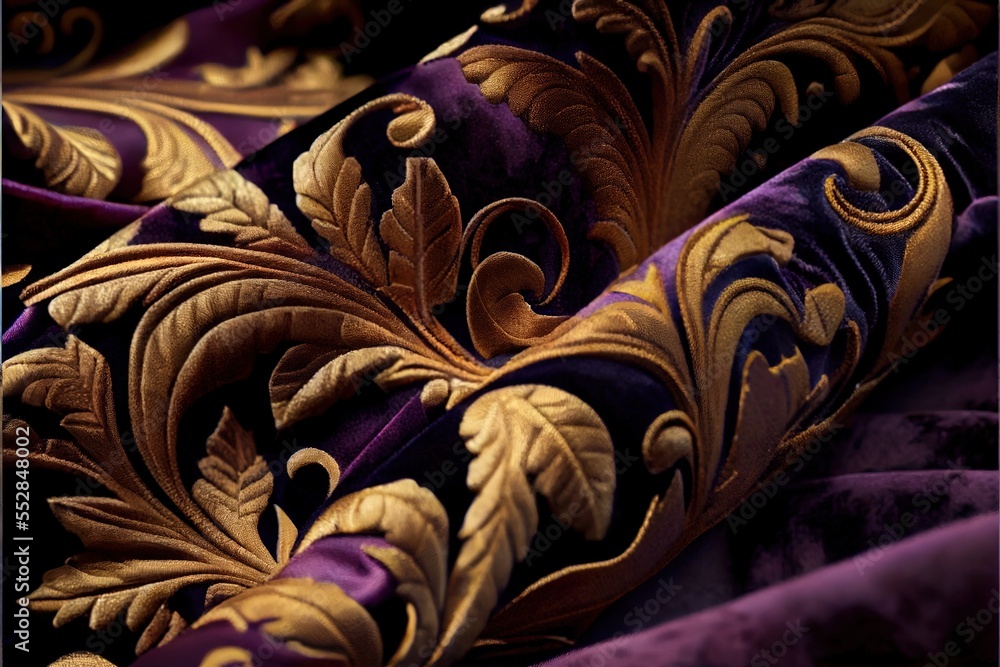 Poster a close up of a purple and gold fabric with a leaf design on it's side and a gold leaf design on the