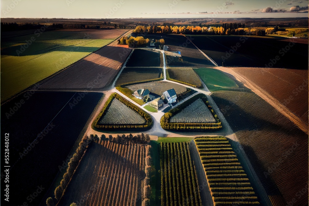 Aufkleber a large field with a house in the middle of it and a road going through it and a few trees. generati
