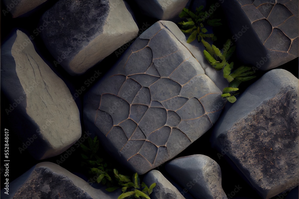 Poster a close up of rocks with plants growing on them and a black background with a white border around th