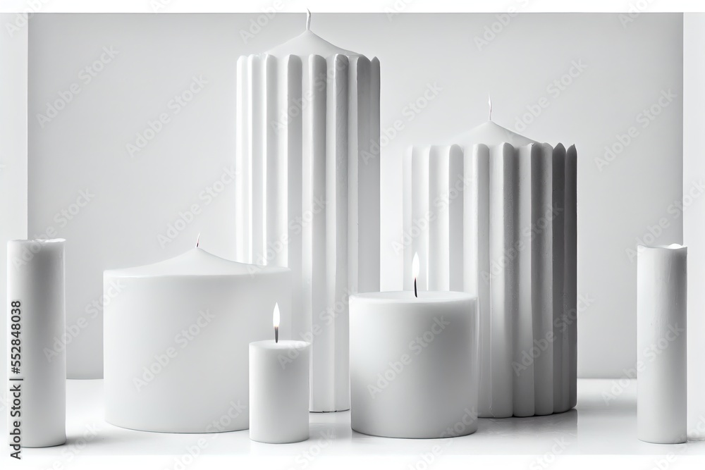 Poster a group of white candles sitting next to each other on a table with a white background and a white w