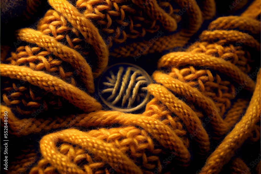 Poster a close up of a yellow yarn with a circular design on it's end and a metal button. generative ai