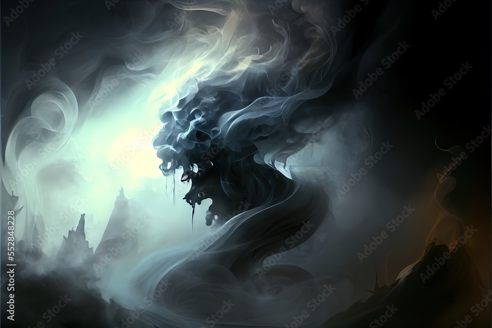 Poster a painting of a dark and stormy landscape with a light coming from the top of it and a tree in the m
