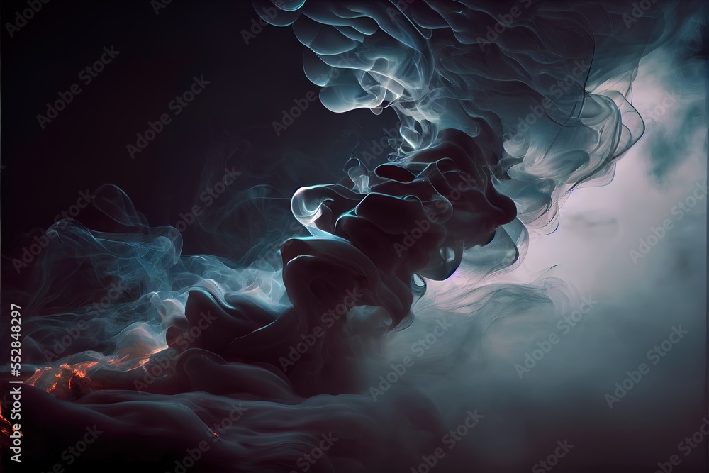 Poster a black background with smoke and a red light in the middle of it and a black background with a red 