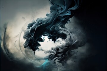  a black and white photo of smoke and water in a circular frame with a black background and a blue and white swirl. Generative AI
