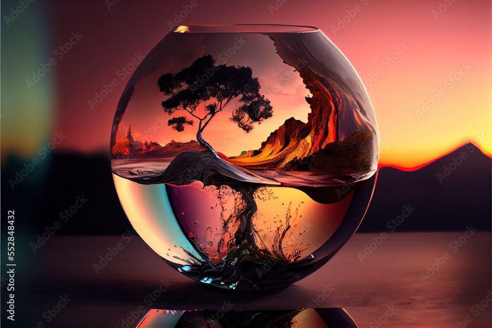 Poster a glass with a tree inside of it on a table top with a reflection of the sky and a mountain in the g