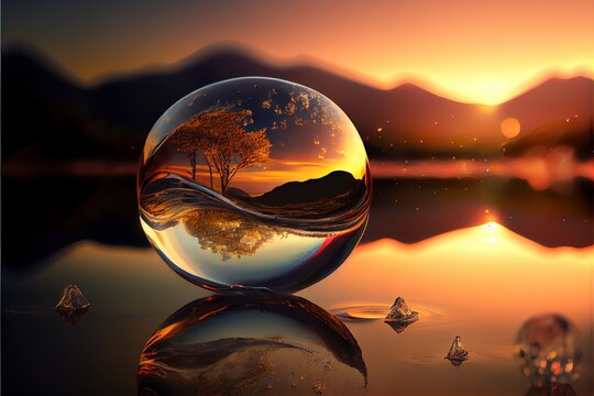  A Glass Ball With A Tree Inside Of It On A Lake At Sunset With Mountains In The Background And A Reflection Of The Sky.