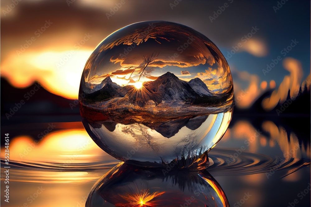 Poster a crystal ball with a mountain in the background and a sunset in the background with a reflection of