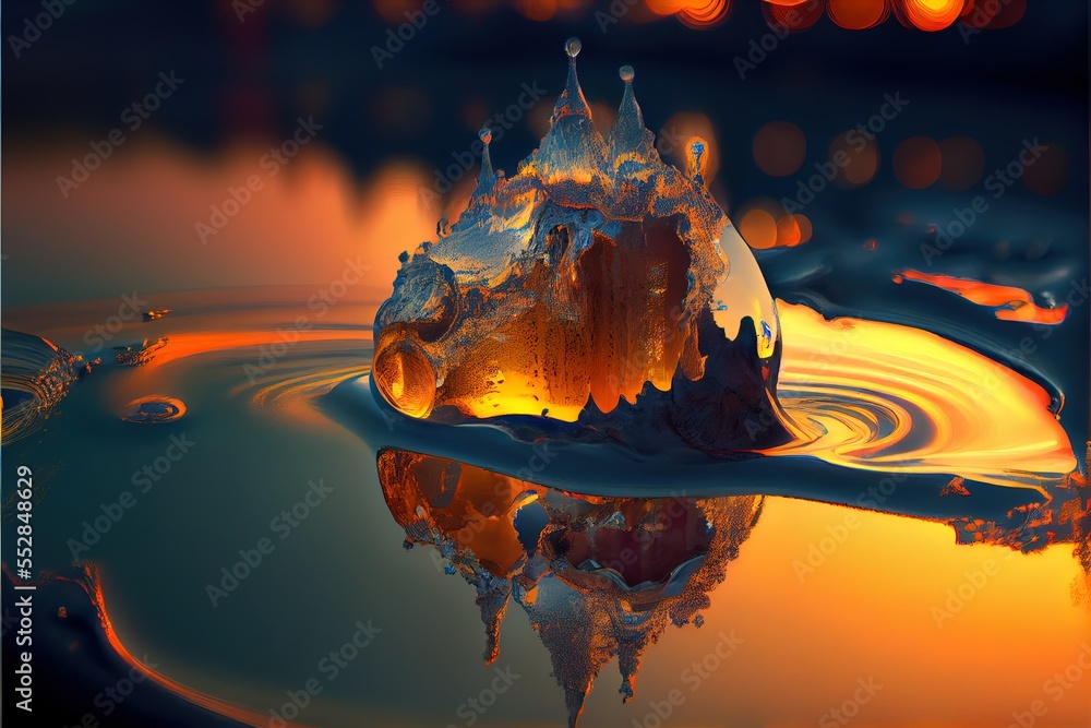 Poster a liquid drop with a castle on top of it in the water with a reflection of the sky in the water. gen