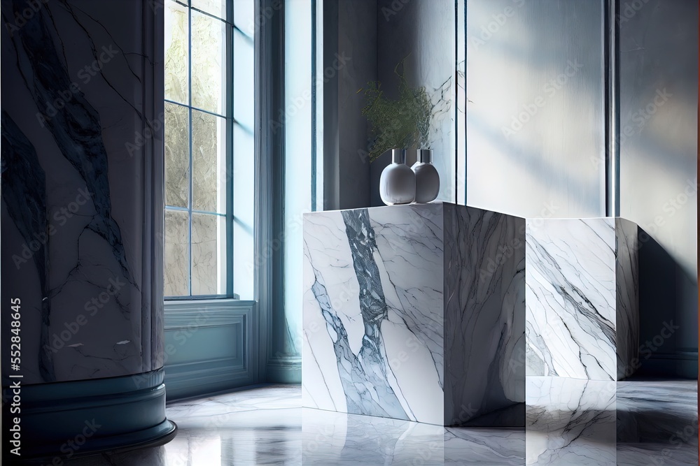 Poster a marbled pedestal with vases on top of it in a room with a window and a large window. generative ai
