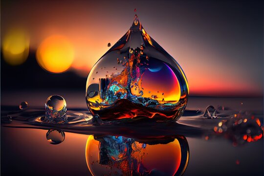  a water droplet with a city in it and a sunset in the background with a reflection of the city. Generative AI