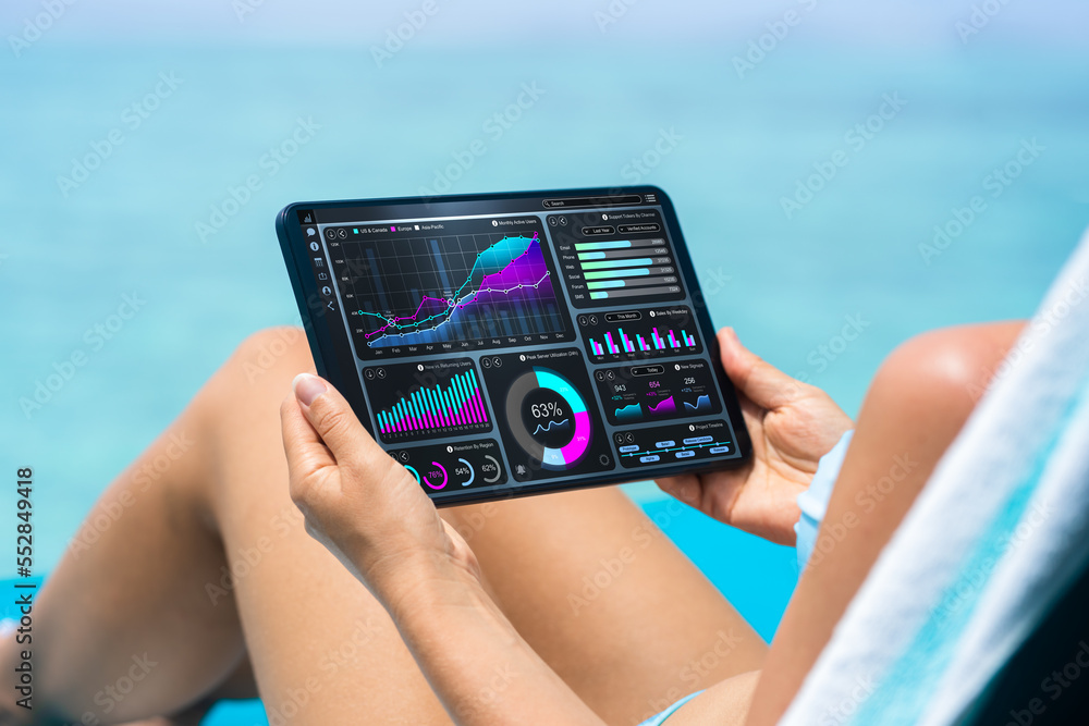 Poster businesswoman using analytics data kpi dashboard tech