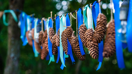 Fir cones and blue garlands hungs outdoors.