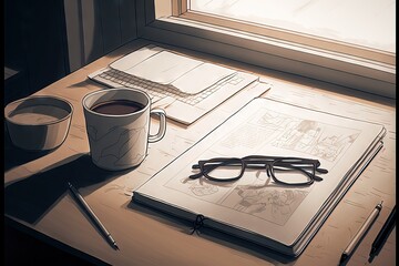 Illustration of a Morning Desktop With a Coffee, Glasses, a HandBook , and a Pencil, ready to organize tasks and work in general - obrazy, fototapety, plakaty