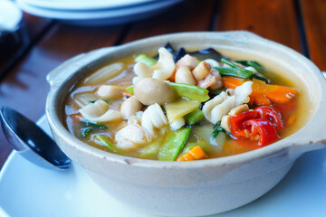 Spicy and sour of mixed vegetables in white ceramic bowl
