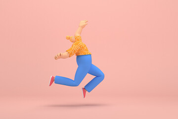 Fototapeta na wymiar The woman with golden hair tied in a bun wearing blue corduroy pants and Orange T-shirt with white stripes. She is jumping. 3d rendering of cartoon character in acting.