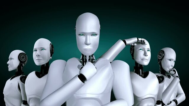 3D rendering of robot hominoid group in concept of future artificial intelligence and 4th fourth industrial revolution .
