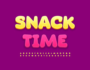 Vector bright banner Snack Time. Funny Yellow Font. Cute Childish Alphabet Letters and Numbers set
