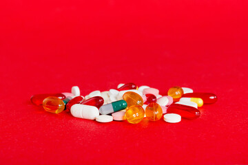 Many different colorful medication and pills perspective view. Set of many pills on colored background