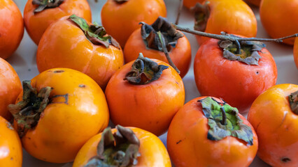 Persimmon fruit. Group of fresh organic ripe persimmon fruits high angle view. Cennet hurmasi or trabzon hurmasi in Turkish. Selective focus included.