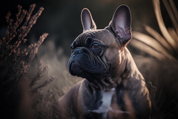 Beautiful french bulldog portrait in nature. Concept of animal life, care, health and pets. AI