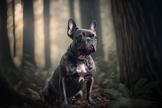 Beautiful french bulldog portrait in nature. Concept of animal life, care, health and pets. AI