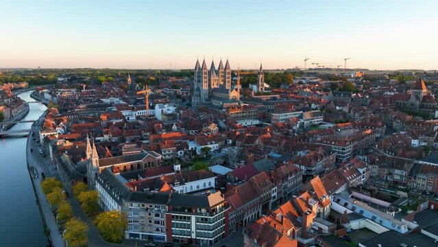 Aerial view of the Notre-Dame de Tournai view with towers , Cathedral of Our Lady, Tournai, Walloon municipality. Belgium