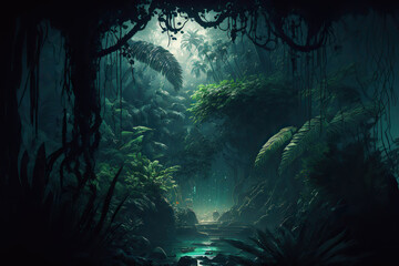 Fototapeta na wymiar Night tropical jungle background. Atmospheric fantasy forest. AI