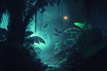 Fototapeta premium Night tropical jungle background. Atmospheric fantasy forest. AI