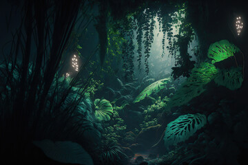 Night tropical jungle background. Atmospheric fantasy forest. AI