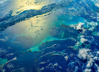 Turquoise and blue waters in the Caribbean. Digital enhancement. Elements by NASA