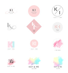 Set of pastel pink and blue K I logo, icon, sticker, label, or graphic element