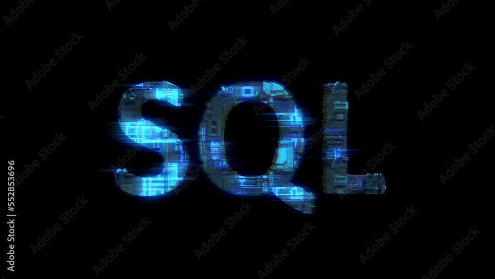 Aufkleber cybernetical electrical light shining text sql in glitch style, isolated - object 3d illustration