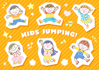 子供たち ジャンプ イラスト セット  白フチオレンジバージョン シール風
