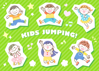 子供たち ジャンプ イラスト セット 白フチグリーンバージョン シール風