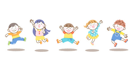 子供たち ジャンプ イラスト セット 白バック5人バージョン
