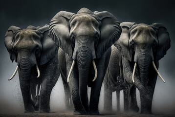 A group of African elephants on a dark background. digital art - obrazy, fototapety, plakaty