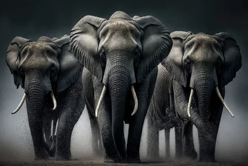 Foto op Aluminium Een groep Afrikaanse olifanten op een donkere achtergrond. digitale kunst © Viks_jin