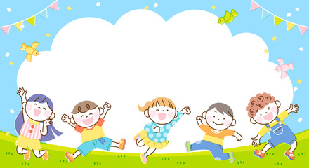 子供たち ジャンプ イラスト バナーフレーム（横長バージョン）