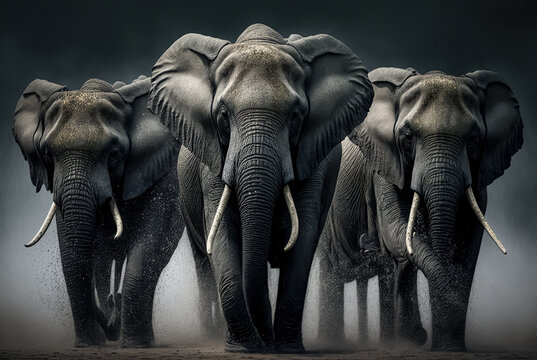 A group of African elephants on a dark background. digital art