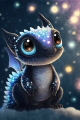 Cute luminescent black baby dragon like creature, generative ai.