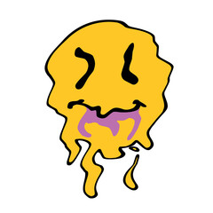 Acid smile face. Melted rave and techno symbol of 90s
