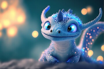 Cute luminescent blue baby dragon creature, generative ai.