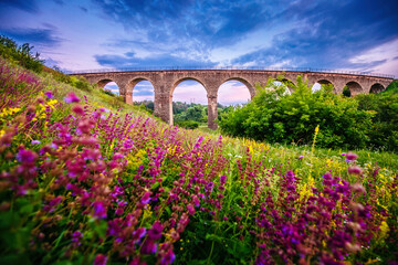 Great view of the big old railway viaduct. Location Plebanivka, Ukraine, Europe.