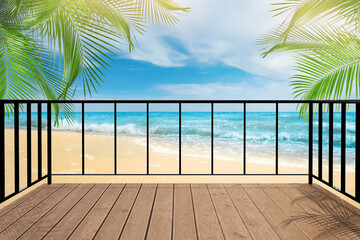 Outdoor wooden terrace revealing picturesque view on ocean shore with palm trees