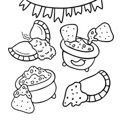 Mexican food coloring page. Nachos with guacamole, tomato salsa. Empanadas. Doodle style