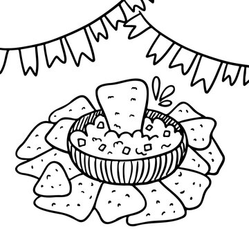 Mexican food coloring page. Doodle guacamole style nachos. Festive flags