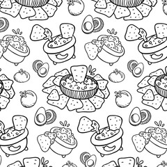 Mexican food coloring page. Nachos with guacamole, tomato salsa. Print, background, pattern of mexican food