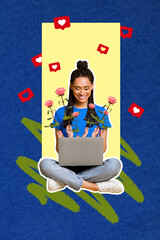 Vertical collage picture of cheerful girl use netbook flourish flowers receive like notification...