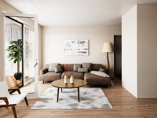 Mock up a perfect living room with a large corner sofa and a perfect hipster backdrop, 3d rendering.
